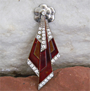 Unique enamel vintage brooch with red enamel and rhinestones