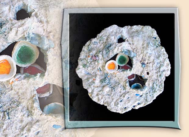 wall art sculpture in clay and glass