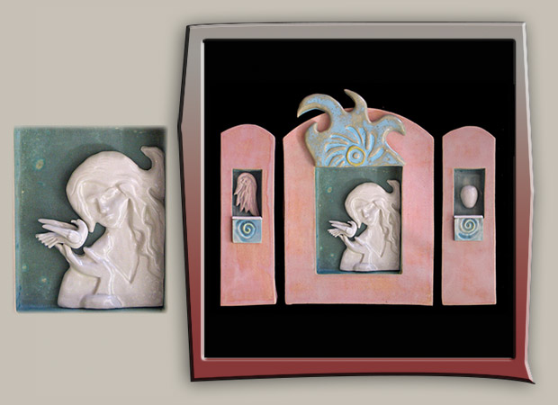 Stoneware angel triptych with dove
