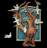 handmade ceramic wall plaque with tree, doves and two-headed lizard