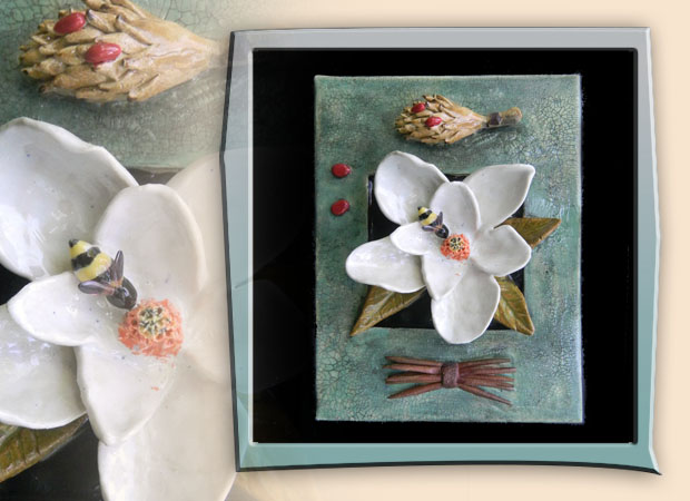 oversized magnolia seed pod in hi fired stoneware clay
    