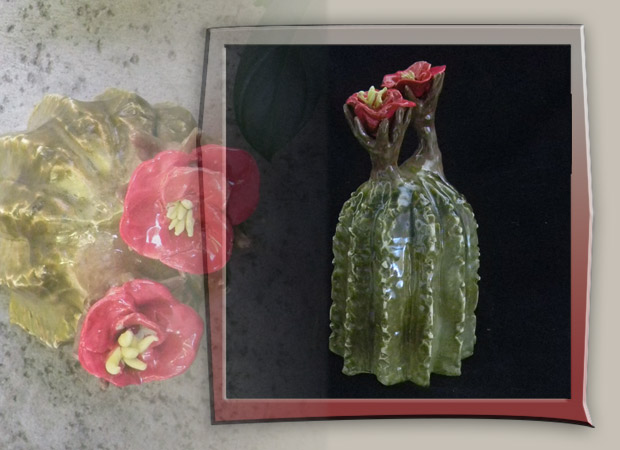 stoneware cactus with red flowers