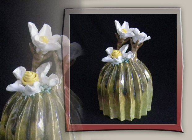 stoneware cactus with white flowers