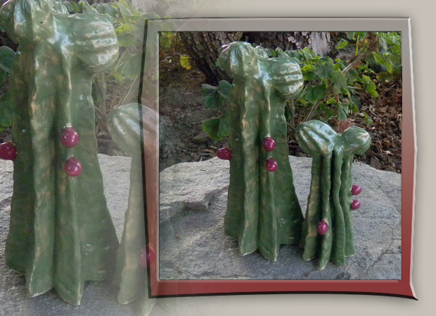 stoneware cactus with purple fruit buds
