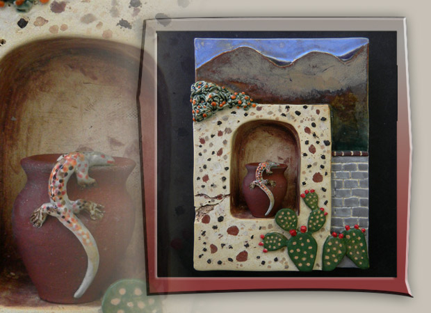 storybox with wall niche, aligator lizard and prickly pear cactus