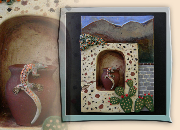 storybox with wall niche, aligator lizard and prickly pear cactus