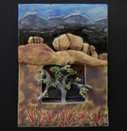 stoneware box depicts evening at Joshua Tree with gorgeous plant and rocky desert environment