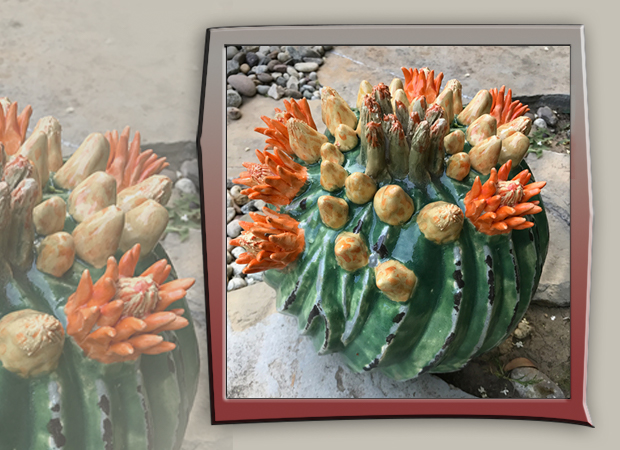 stoneware barrel cactus with red-orange buds