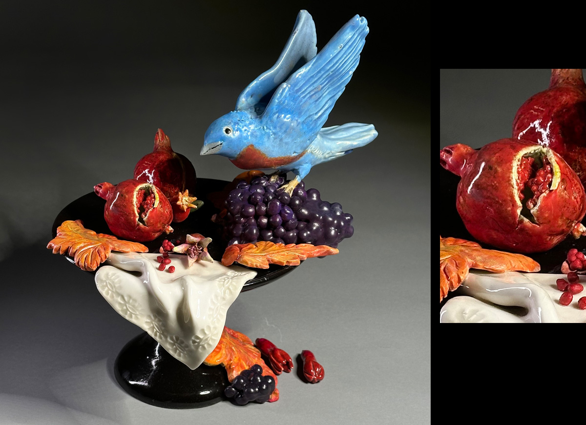 Western Bluebird with Pomegranates and Grape