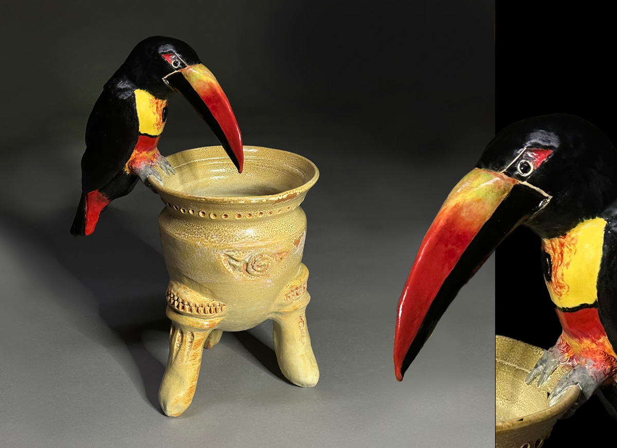 Fiery-billed Aracari on Footed Jar