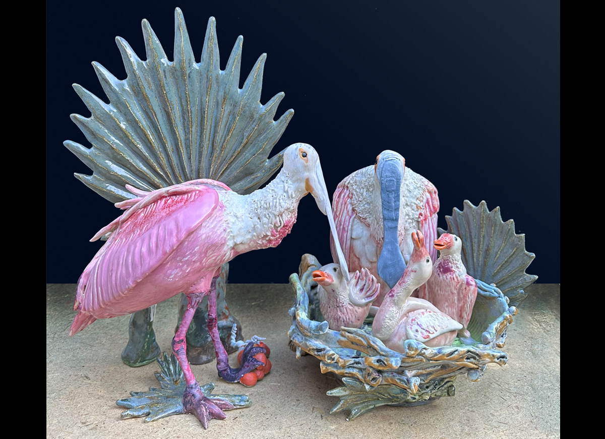 Roseate Spoonbill Family with Saw Palmetto