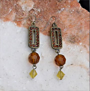 amber studded rectangles with amber bead accent earrings