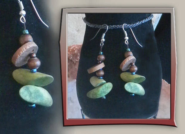 green and brown wood earrings