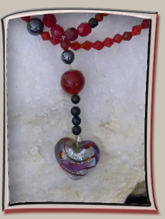 Venetian Glass Heart Pendant Necklace with Red Crystals