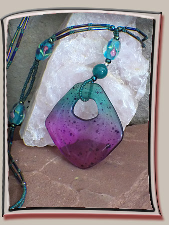 Lucite Pendant in Teal and Magenta with Complimentart Lamp Work Beads