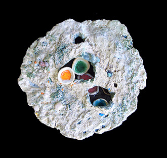 ceramic sculpture with spores and colored melted glass