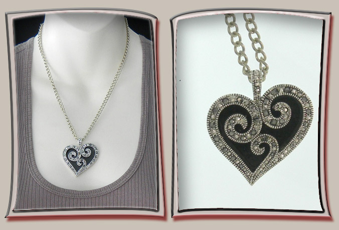 Black Heart Pendant with Marcasite