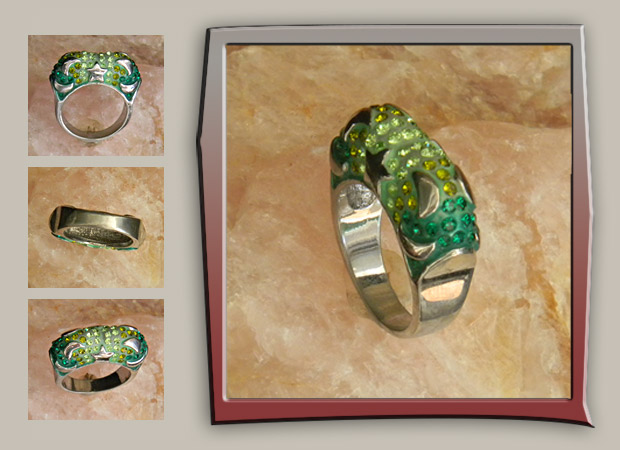 green crystals with silver moons and stars