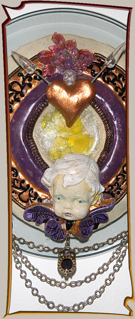 steampunk assemblage art with ceramic cupid and ornaments