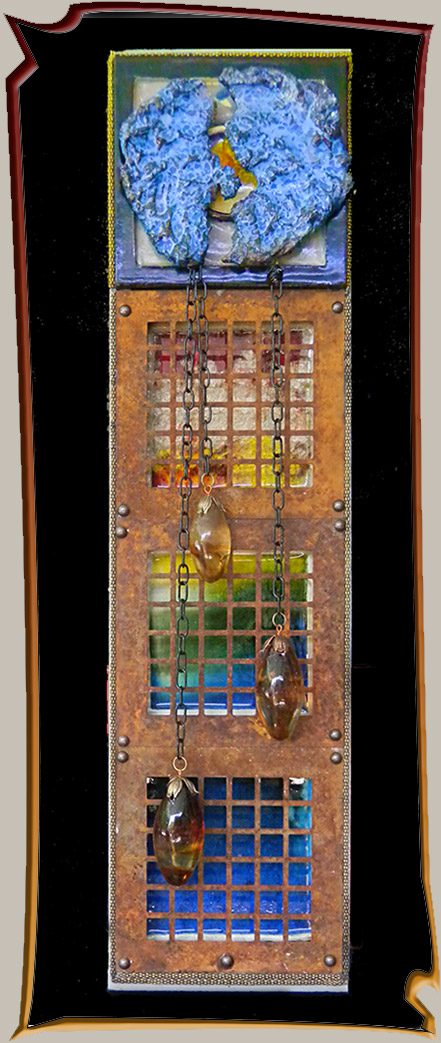 Steampunk wall hanging in ceramic and found object