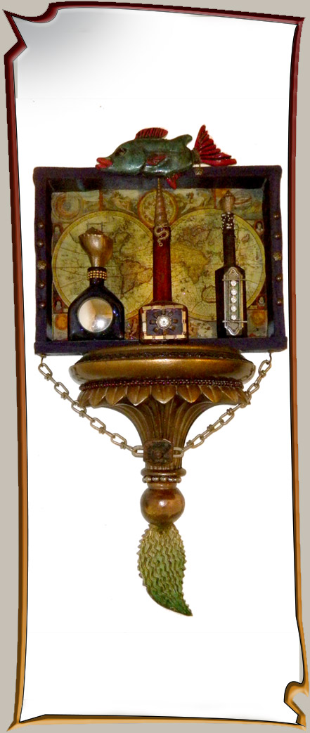 steampunk assemblage art with ceramic cupid and ornaments