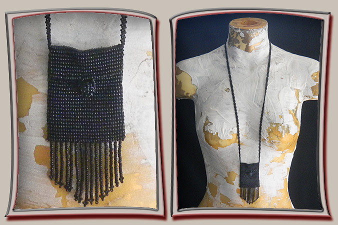 black bead woven necklace with mini purse