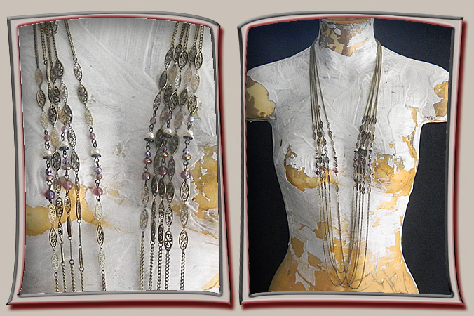 long necklace with multi-chain strands, lacy spacers