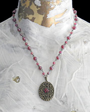 iridescent wine and lavender bead necklace on wire-wrapped chain